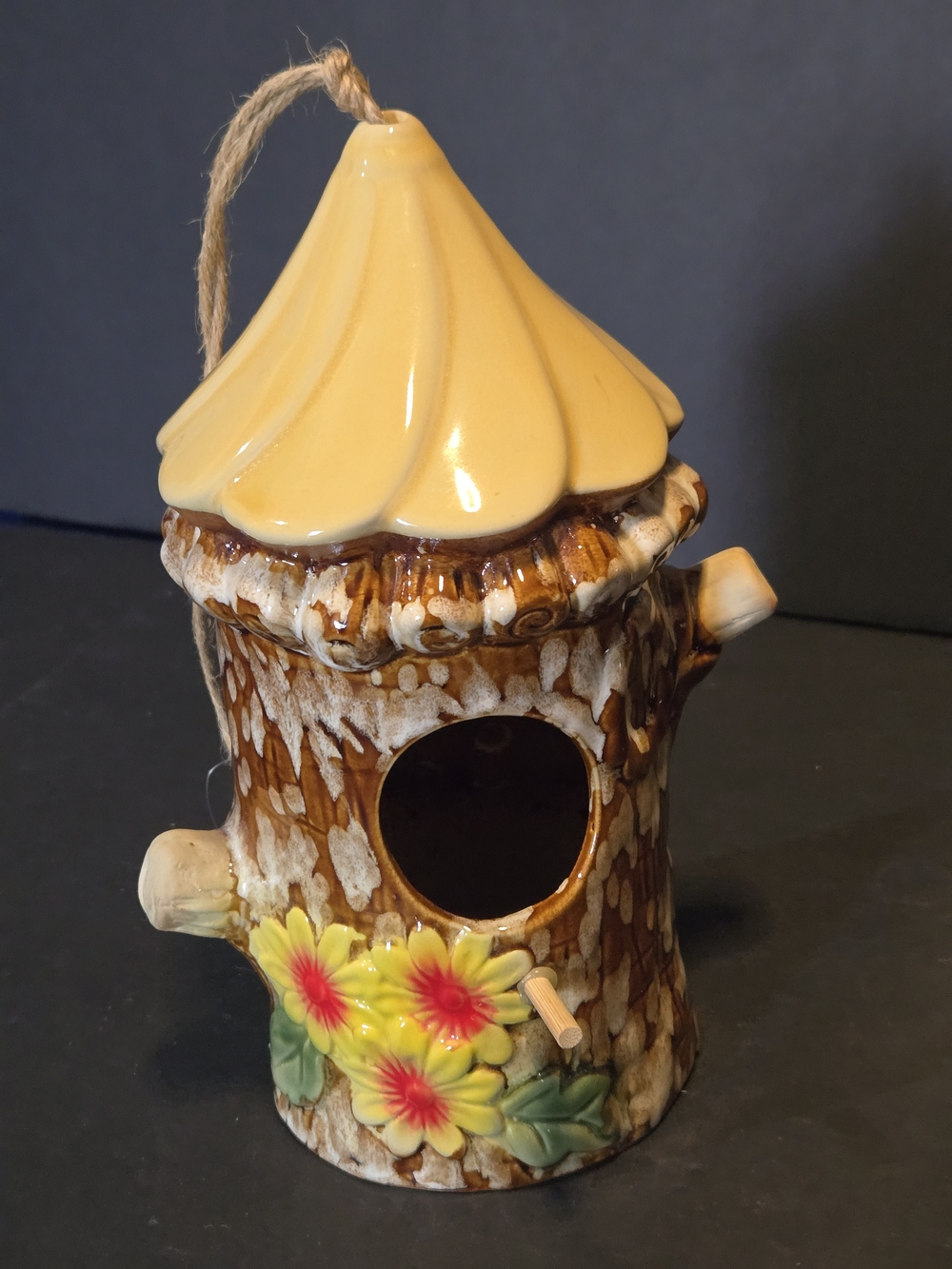 Vintage Ceramic Tree Trunk Birdhouse Hand Painted Drip Glaze Yellow Daisies